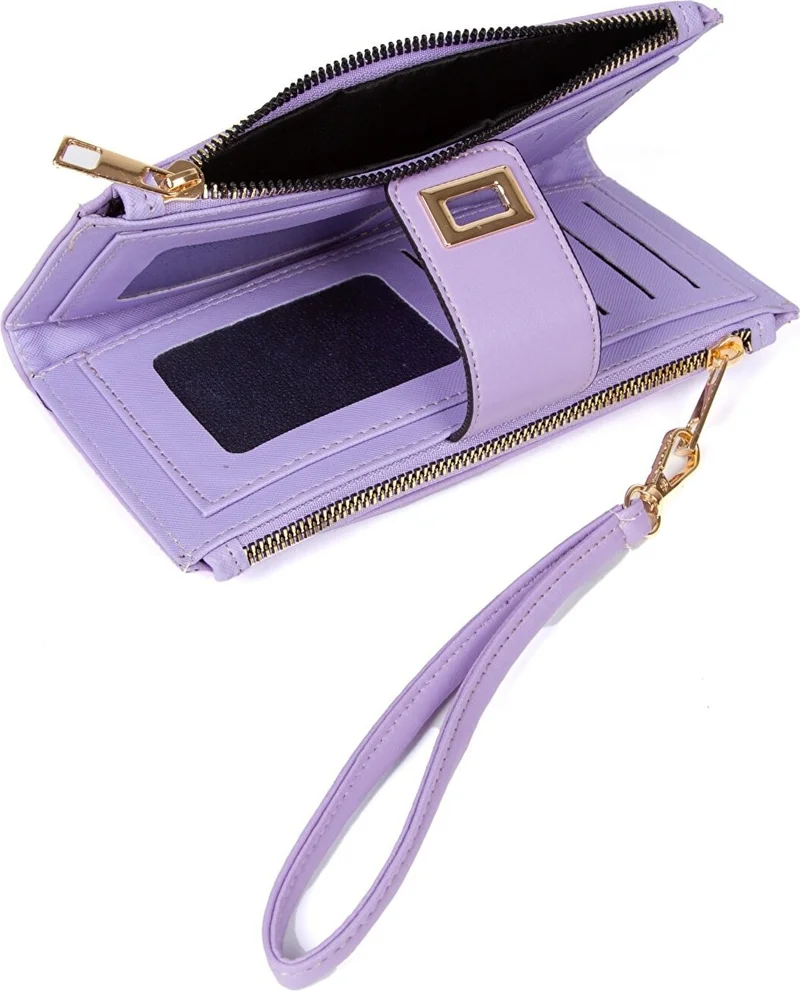 Avca Dos Women's Leather Lilac Phone Cash Coin Compartment Card Holder Locked Wrist Hand Strap Portfolio Wallet