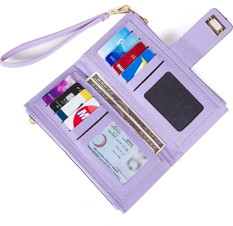 Avca Dos Women's Leather Lilac Phone Cash Coin Compartment Card Holder Locked Wrist Hand Strap Portfolio Wallet