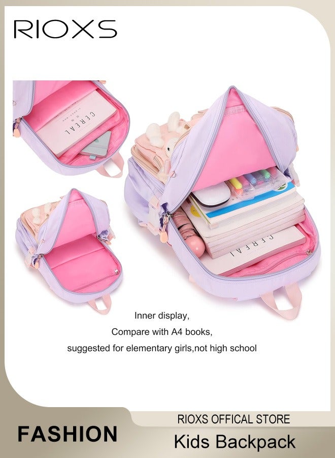RIOXS Kids Girls' School Bag, Large Capacity Lightweight Backpack with  Adjustable Padded Shoulder Straps, Adorable Personalized Book Bags with Many Compartments, Waterproof Durable Big Travel Daypack for Kindergarten Elementary Preschool Girls, 11.8x6.3x15.7inch - Image 2