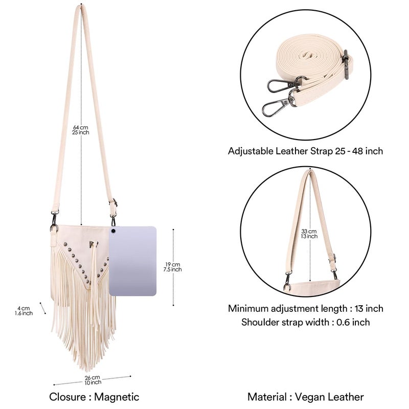 HDE Women's PU Leather Hobo Fringe Crossbody Tassel Purse Vintage Small Flap Envelope Handbag Western Sling Shoulder Bag Cream White - Image 4