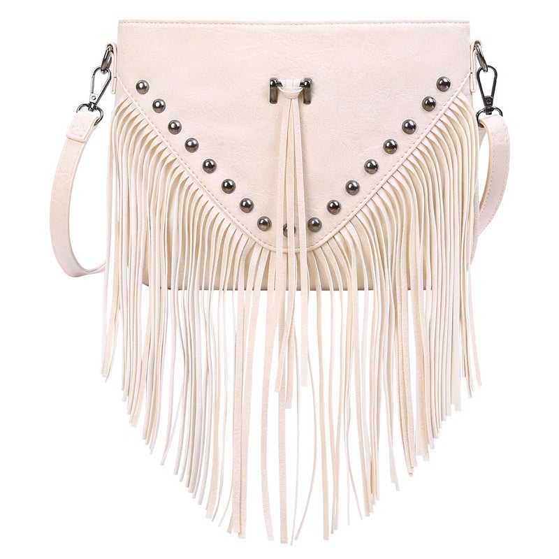HDE Women's PU Leather Hobo Fringe Crossbody Tassel Purse Vintage Small Flap Envelope Handbag Western Sling Shoulder Bag Cream White - Image 1