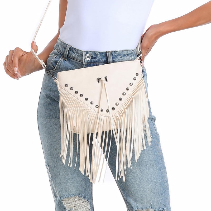 HDE Women's PU Leather Hobo Fringe Crossbody Tassel Purse Vintage Small Flap Envelope Handbag Western Sling Shoulder Bag Cream White - Image 2