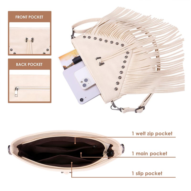 HDE Women's PU Leather Hobo Fringe Crossbody Tassel Purse Vintage Small Flap Envelope Handbag Western Sling Shoulder Bag Cream White - Image 5