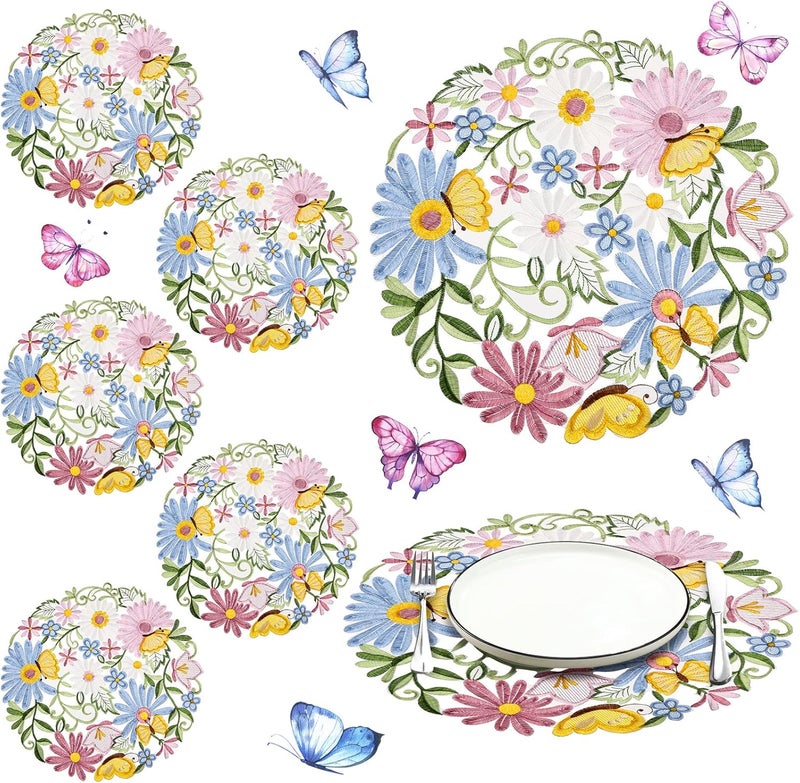 Tudomro 14'' Spring Round Placemats Floral Embroidered Placemat Doilies for Table Daisy Table Placemat for Home Dining Holiday Kitchen Table Decoration(Flower Style, 6 Pcs) - Image 1