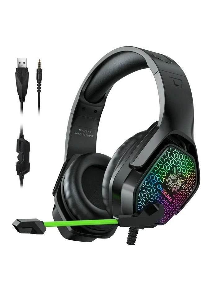 أونيكوما سماعة الألعاب Onikuma X3 مزودة بميكروفون وسماعة رأس لإلغاء الضوضاء مع ضوء LED - Image 1