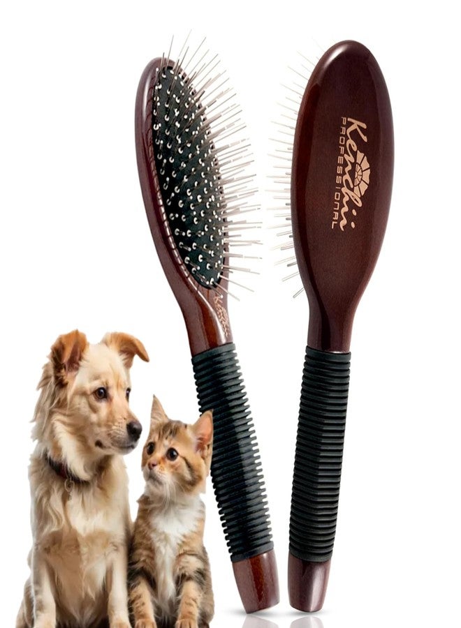 Kenchii Pet Grooming Metal Pin Brush for Dogs and Cats, Solid Wood Handle, Non Slip Grip, Detangling and Shedding Brush for Long or Short Haired Pets, Size Small - Image 1