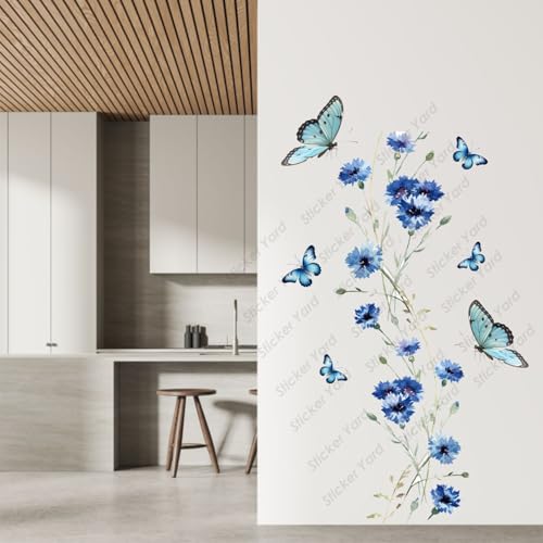 Sticker Yard PVC Vinyl Blue Floral Butterflies Self-Adhesive Wall Sticker for Home Decor/Decoration - Living Room, Bedroom, Kids Room (Multicolor,Size 61X101CM) - Image 3