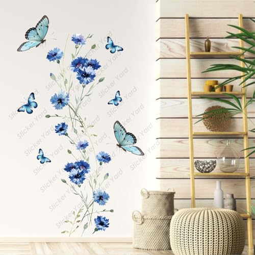 Sticker Yard PVC Vinyl Blue Floral Butterflies Self-Adhesive Wall Sticker for Home Decor/Decoration - Living Room, Bedroom, Kids Room (Multicolor,Size 61X101CM) - Image 1
