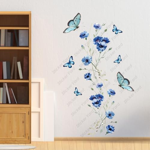 Sticker Yard PVC Vinyl Blue Floral Butterflies Self-Adhesive Wall Sticker for Home Decor/Decoration - Living Room, Bedroom, Kids Room (Multicolor,Size 61X101CM) - Image 2
