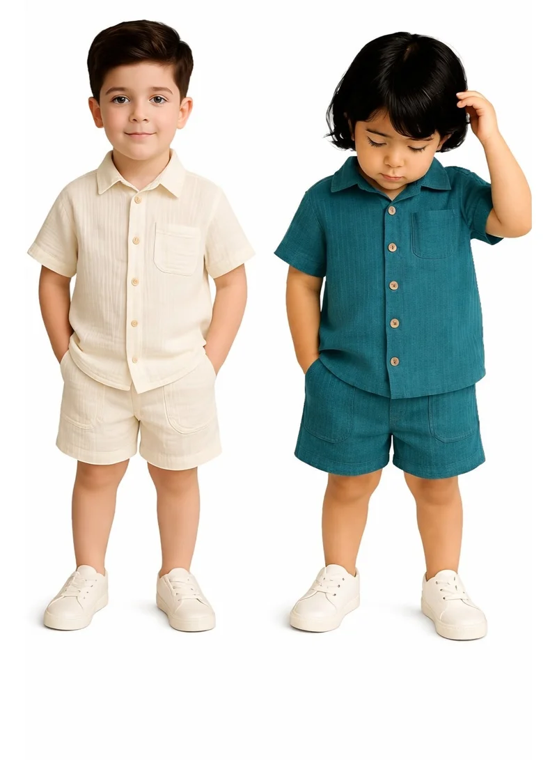 Luay Teal Green and Beige Luay 100% Linen Shirt & Short for Kids | Elegant & Comfortable Summer Wear | Stylish Short-Sleeve Shirt & Comfy Shorts for Men | Best Price UAE