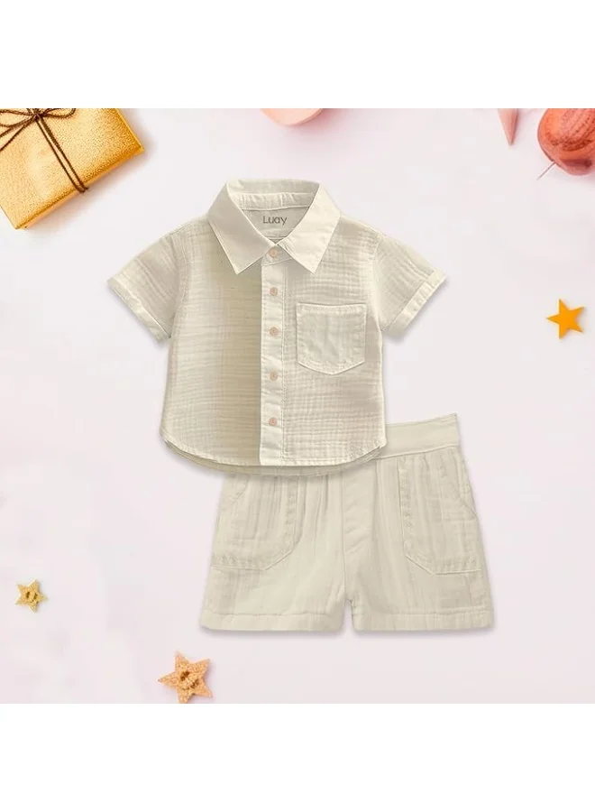 Luay Teal Green and Beige Luay 100% Linen Shirt & Short for Kids | Elegant & Comfortable Summer Wear | Stylish Short-Sleeve Shirt & Comfy Shorts for Men | Best Price UAE