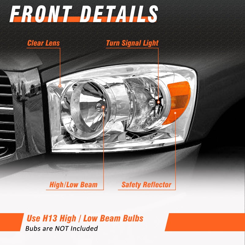 AXLAHA for 2006-2009 Dodge Ram Headlights Assembly for 2006-2008 Dodge Ram 1500, 2006-2009 Dodge Ram 2500/3500 Chrome Housing Amber Reflector Replacement Driver and Passenger Side - Image 4