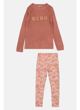 Kids Girl 2 Pcs Brand Logo Sweater And Pant Set, Old Rose