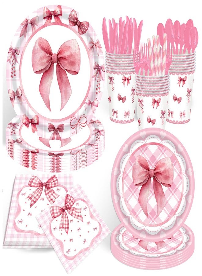 GalaHub Pink Bow Coquette Party Supplies, 194Pcs Birthday Tableware Set for 24, Includes Plates Cups Napkins Cutlery Tablecloth & Banner, Perfect for Baby Shower Birthday and Bachelorette Party - Image 3