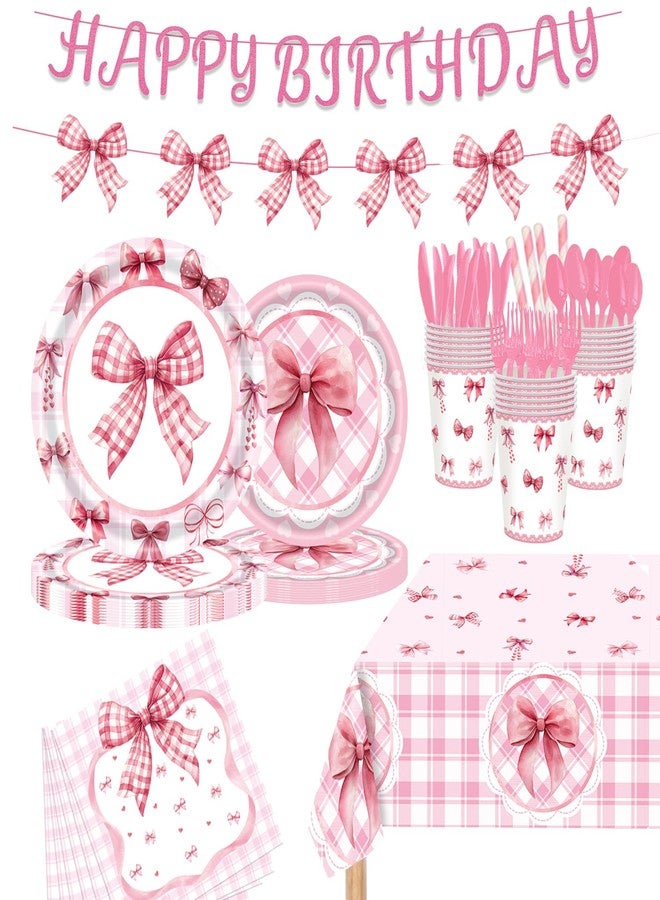 GalaHub Pink Bow Coquette Party Supplies, 194Pcs Birthday Tableware Set for 24, Includes Plates Cups Napkins Cutlery Tablecloth & Banner, Perfect for Baby Shower Birthday and Bachelorette Party - Image 1