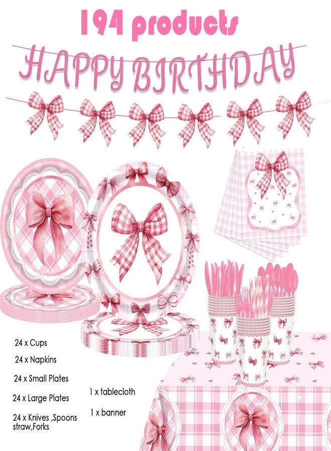 GalaHub Pink Bow Coquette Party Supplies, 194Pcs Birthday Tableware Set for 24, Includes Plates Cups Napkins Cutlery Tablecloth & Banner, Perfect for Baby Shower Birthday and Bachelorette Party - Image 2