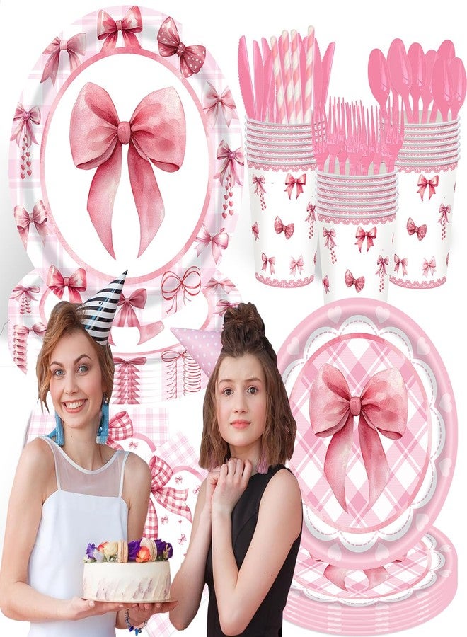GalaHub Pink Bow Coquette Party Supplies, 194Pcs Birthday Tableware Set for 24, Includes Plates Cups Napkins Cutlery Tablecloth & Banner, Perfect for Baby Shower Birthday and Bachelorette Party - Image 5