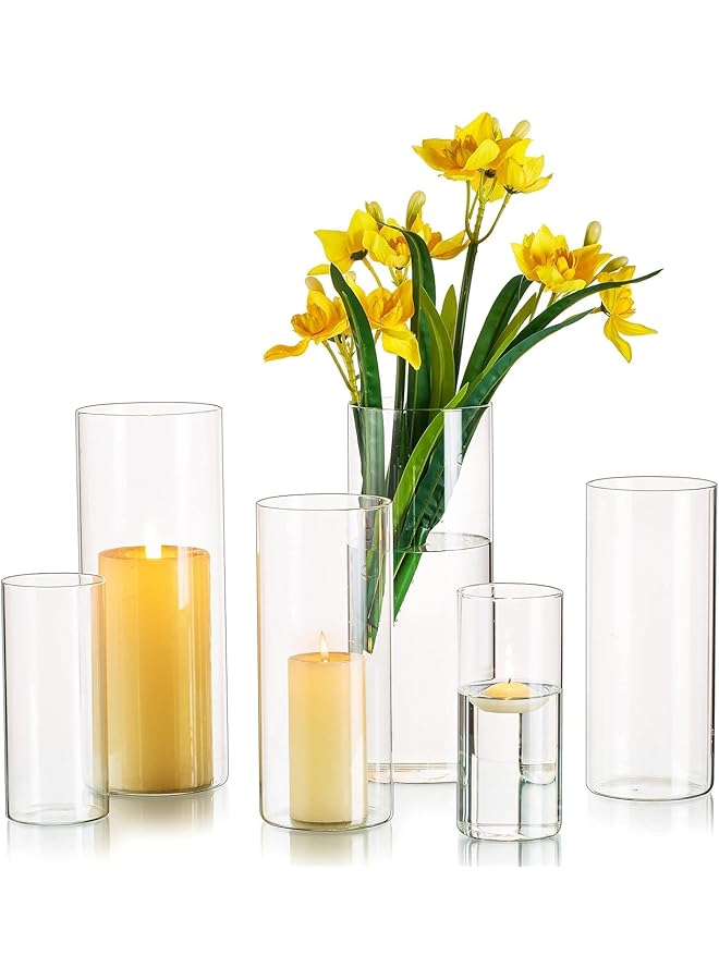 إيروريكس مجموعة مزهريات أسطوانية زجاجية مكونة من 6 مزهريات طويلة شفافة لقطع المركزية وحوامل شموع زجاجية للشموع العائمة العمودية ومزهريات زفاف هوريكان للديكور المنزلي لا تشمل الزهور والشموع M + L + XL - Image 1