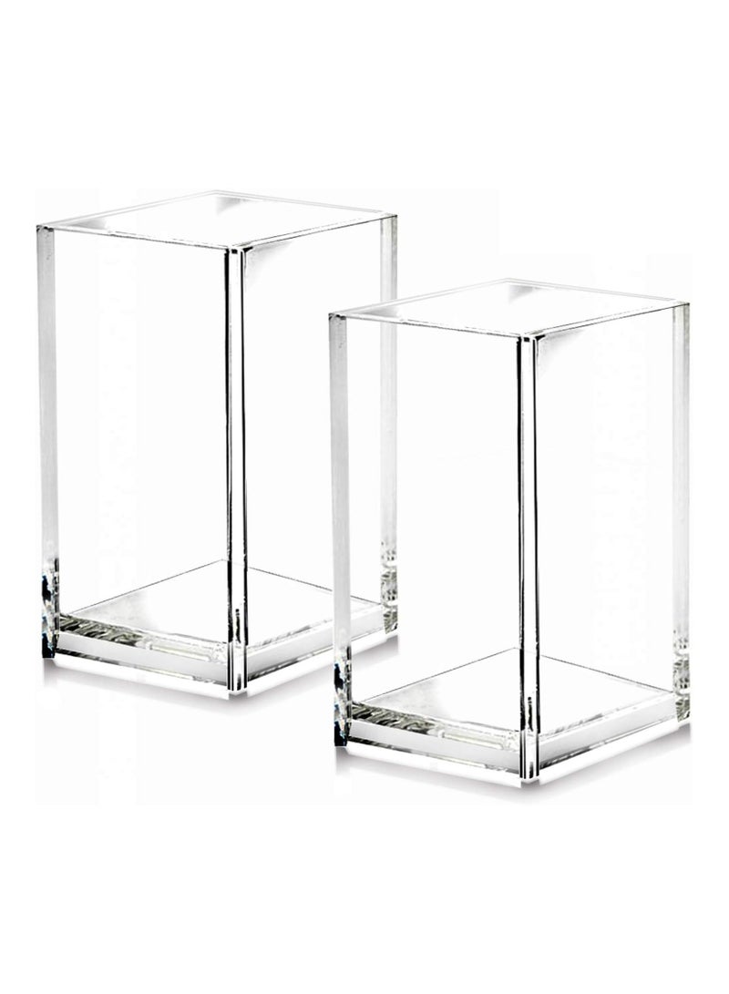 2 Pack Clear Acrylic Pencil Pen Holder Cup, Desk Accessories Holder, Makeup Brush Storage Organizer, Modern Design Desktop Stationery Organizer for Office School Home Supplies, 10*6.5*6.5cm, Clear - Image 1