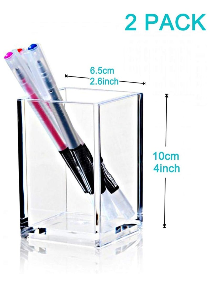 2 Pack Clear Acrylic Pencil Pen Holder Cup, Desk Accessories Holder, Makeup Brush Storage Organizer, Modern Design Desktop Stationery Organizer for Office School Home Supplies, 10*6.5*6.5cm, Clear - Image 2