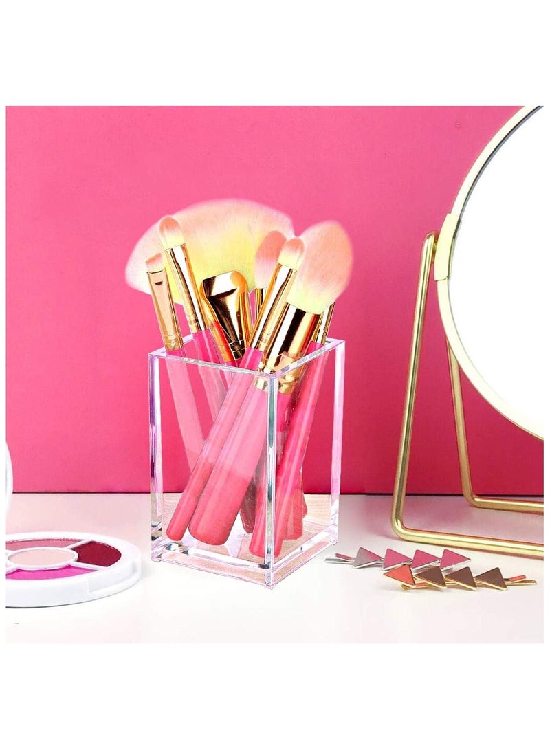 2 Pack Clear Acrylic Pencil Pen Holder Cup, Desk Accessories Holder, Makeup Brush Storage Organizer, Modern Design Desktop Stationery Organizer for Office School Home Supplies, 10*6.5*6.5cm, Clear - Image 4