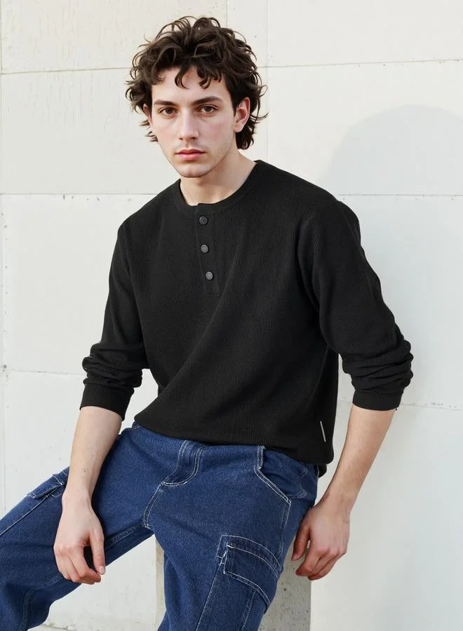 Lee Cooper Ribbed Henley Sweatshirt