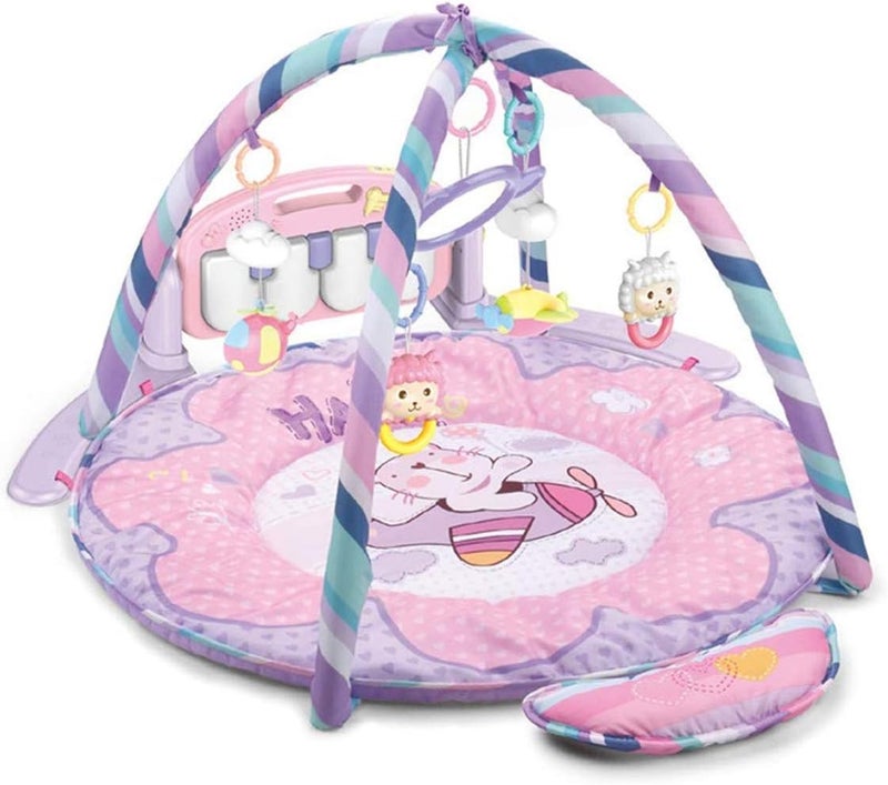 HE0611 New Born Pink Round Play mat Gym with Large Key Board 4 in 1 Kick & Play Activity Centre, Fun Animals, Music, Sound, Textures, Rattle, Discovery Carpet for Infants Toddlers-Pink - Image 1