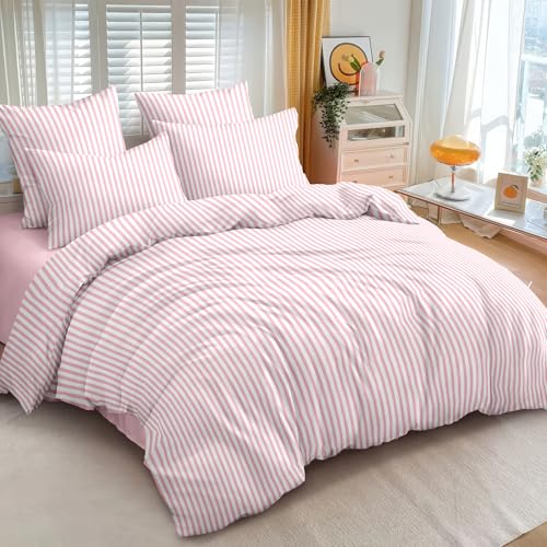 Nayoroom Pink Striped Duvet Cover Queen Size White Stripe Duvet Cover Dorm Bedding Set 3 Pieces Soft Lightweight Washed Microfiber Farmhouse Bedding Set Gifts for Women Men - Image 2