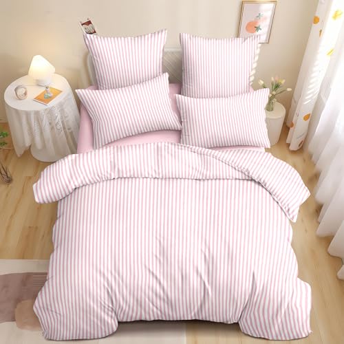 Nayoroom Pink Striped Duvet Cover Queen Size White Stripe Duvet Cover Dorm Bedding Set 3 Pieces Soft Lightweight Washed Microfiber Farmhouse Bedding Set Gifts for Women Men - Image 1