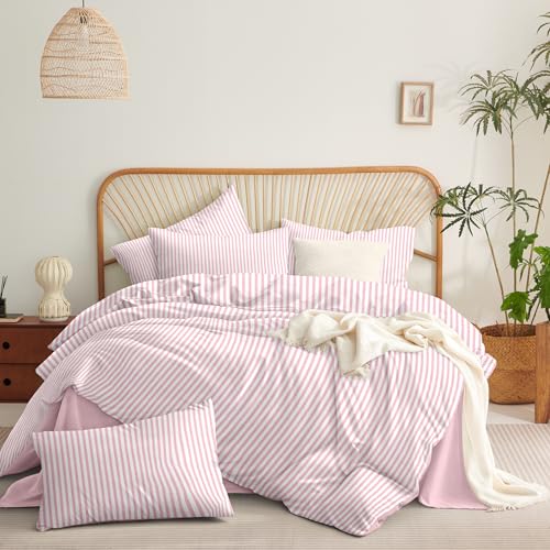 Nayoroom Pink Striped Duvet Cover Queen Size White Stripe Duvet Cover Dorm Bedding Set 3 Pieces Soft Lightweight Washed Microfiber Farmhouse Bedding Set Gifts for Women Men - Image 4