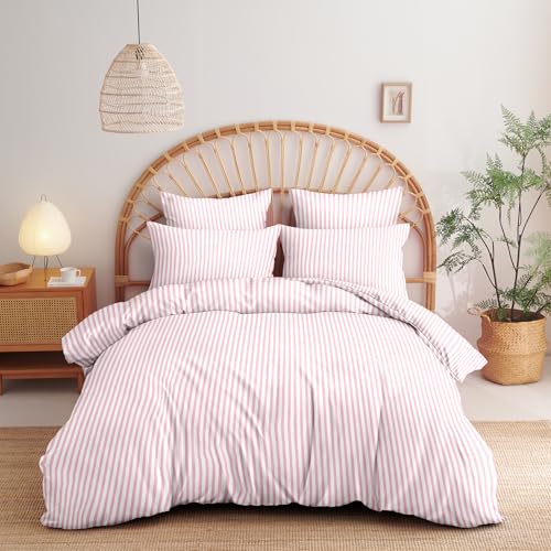 Nayoroom Pink Striped Duvet Cover Queen Size White Stripe Duvet Cover Dorm Bedding Set 3 Pieces Soft Lightweight Washed Microfiber Farmhouse Bedding Set Gifts for Women Men - Image 5