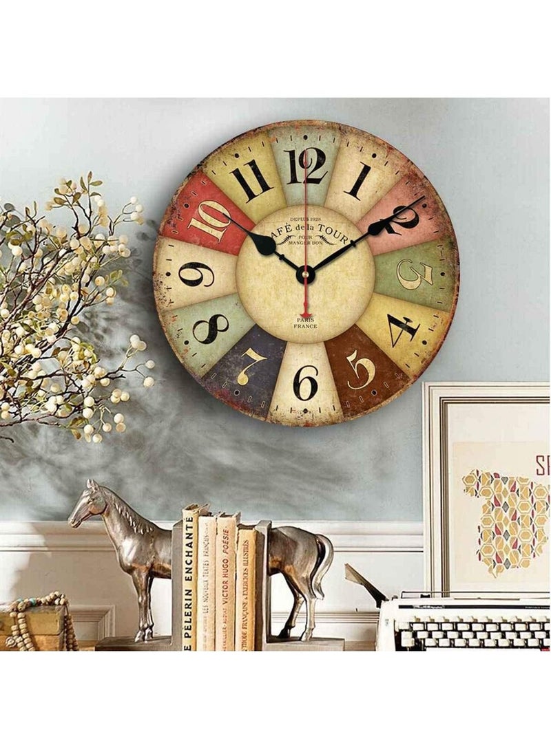Rubik - Retro Wooden Wall Clock Farmhouse Decor Silent Non Ticking Wall Clocks Large Decorative - Battery Operated - Antique Vintage Rustic Colorful 12 inch - Image 1