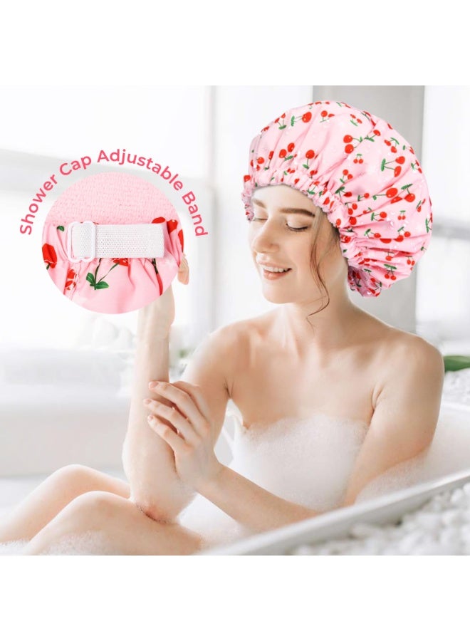Pink Terry Lined Shower Cap, Large Waterproof Reusable Elastic Bath Hair Cap for Women Long Thick Hair - Image 4