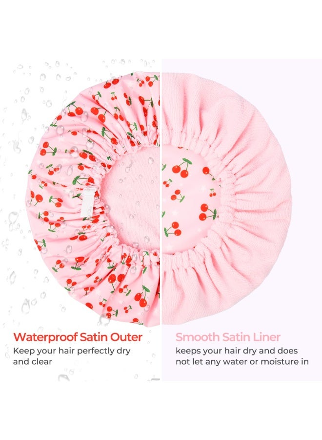 Pink Terry Lined Shower Cap, Large Waterproof Reusable Elastic Bath Hair Cap for Women Long Thick Hair - Image 5