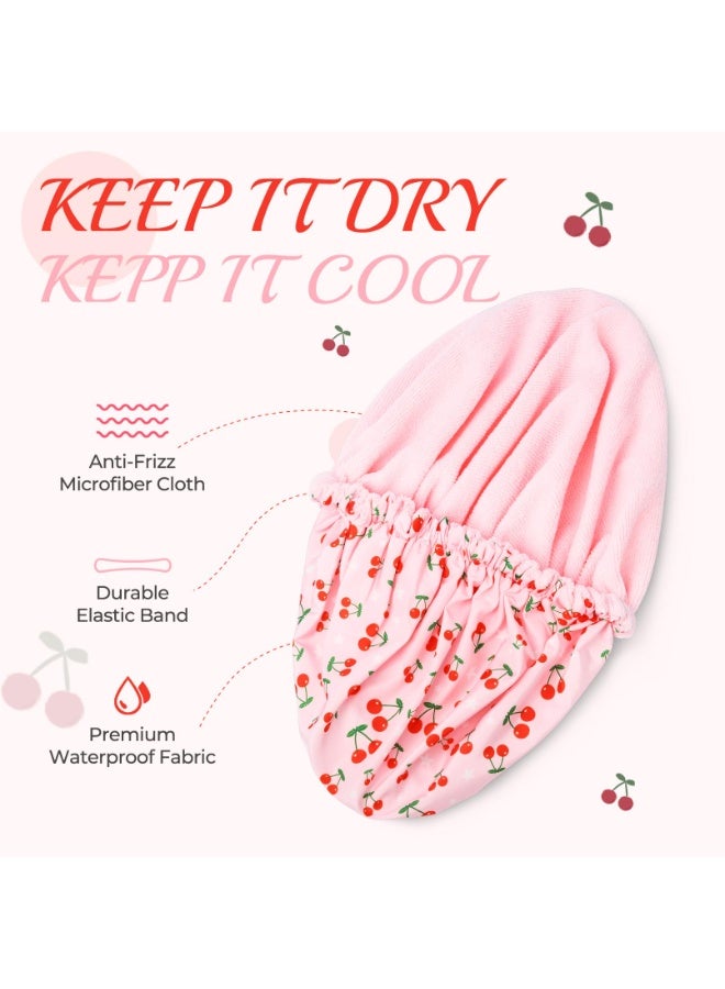 Pink Terry Lined Shower Cap, Large Waterproof Reusable Elastic Bath Hair Cap for Women Long Thick Hair - Image 2
