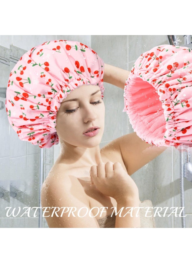 Pink Terry Lined Shower Cap, Large Waterproof Reusable Elastic Bath Hair Cap for Women Long Thick Hair - Image 3