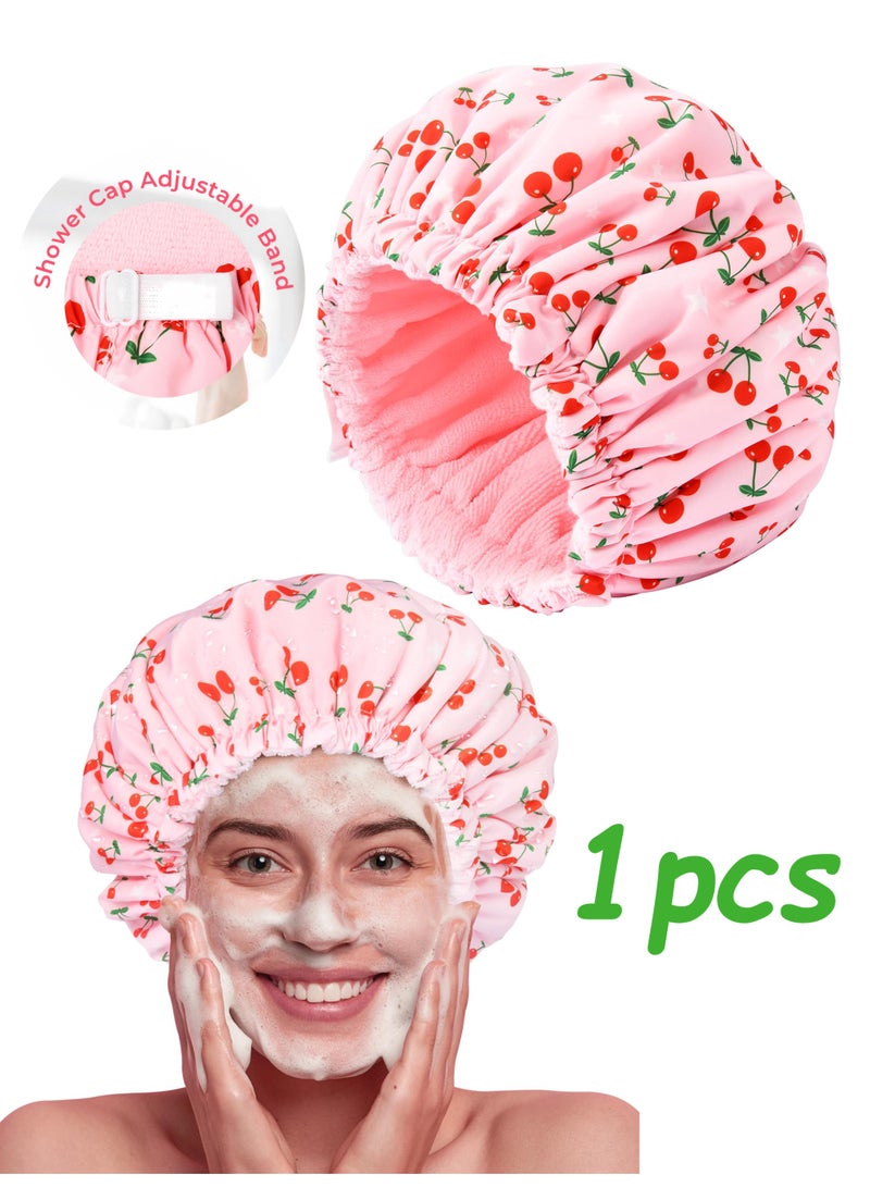 Pink Terry Lined Shower Cap, Large Waterproof Reusable Elastic Bath Hair Cap for Women Long Thick Hair - Image 1