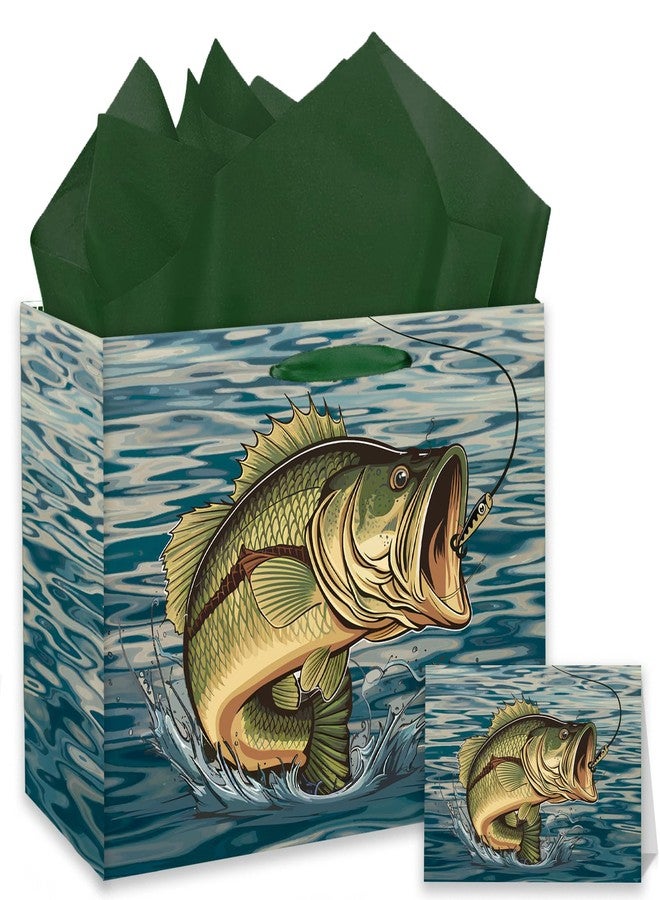 GOLDCROW Large Fishing Gift Bag with Tissue Paper and Greeting Card Fish Wrapping Paper Fishing Gift Wrap Bag for Fishing Birthday Party Decorations for Women Man Angler People Who Love Fishing - Image 1