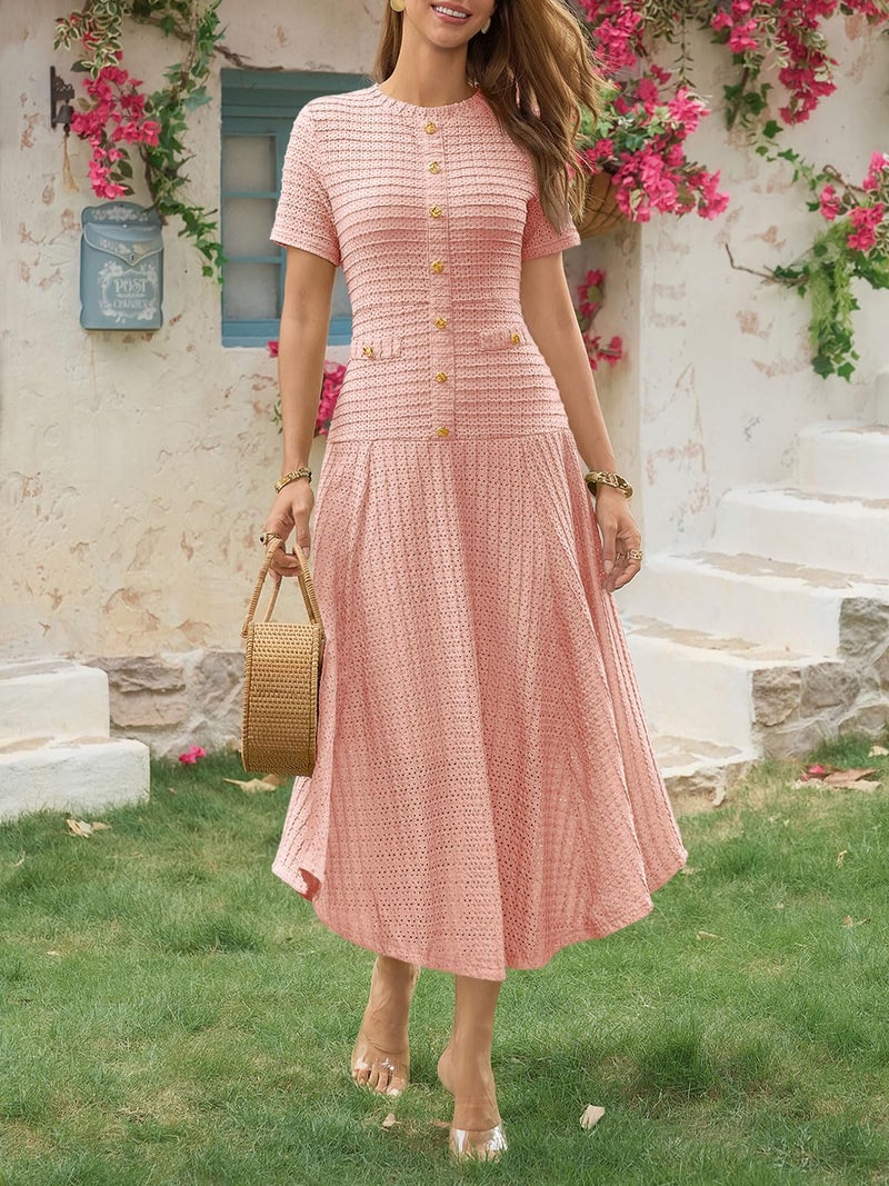 Wenrine فستان وينرين midi للنساء صيفي غير رسمي بأكمام قصيرة وياقة دائرية وزر للزينة. فساتين بتصميم ضيق ومقاس A باللون الوردي - Image 4