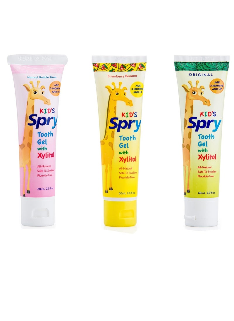 Spry Spry Xylitol Baby Toothpaste, Natural Toddler Toothpaste, Fluoride Free Toothpaste, Xylitol Toothpaste for Kids Age 3 Months and Up, Strawberry Banana, Bubblegum, Original, 2 Fl Oz (Pack of 3) 