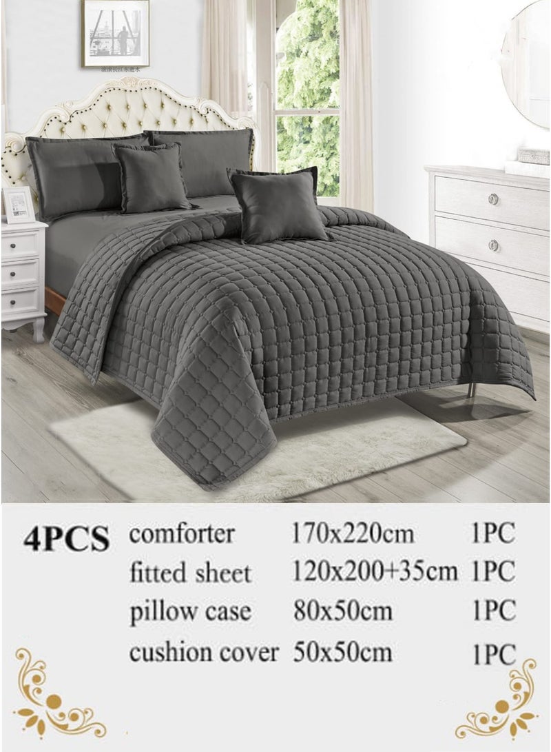 Moon Plain Quilted Compressed Bedspread Set with Elegant Square Design – 4 Pieces – Comforter 170×220 cm – Deep Fitted Sheet 120×200+35 cm with Pillowcase & Decorative Cushion Cover - Image 2