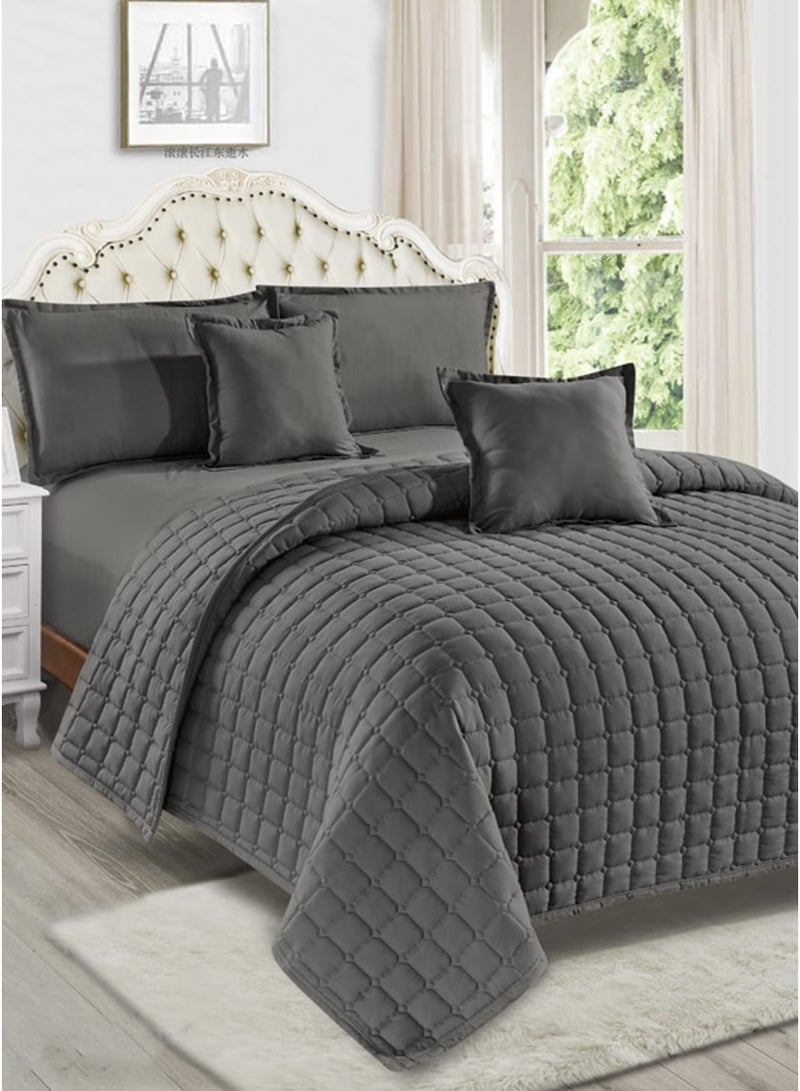 Moon Plain Quilted Compressed Bedspread Set with Elegant Square Design – 4 Pieces – Comforter 170×220 cm – Deep Fitted Sheet 120×200+35 cm with Pillowcase & Decorative Cushion Cover - Image 1