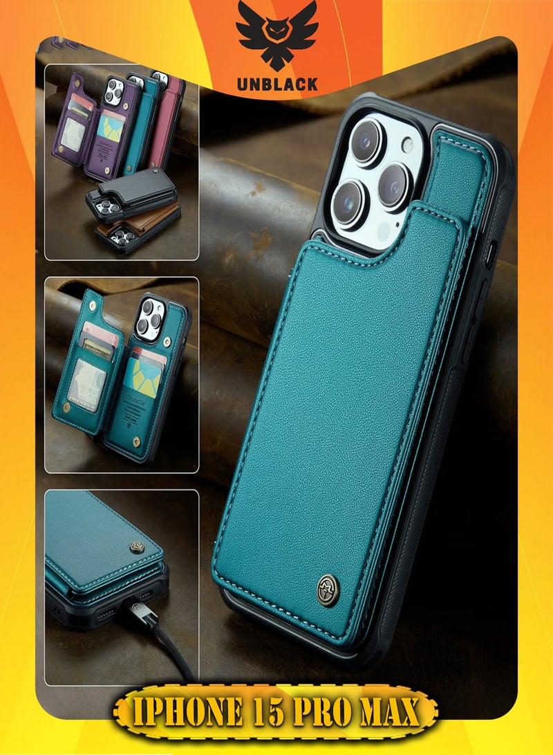 CaseMe Wallet Case for Apple iPhone 15 Pro Max, Premium Handmade Durable PU Leather Slim Shockproof Case with [Double Magnetic Clasp] [Card Holder] [Kickstand] [RFID Blocking] (Green) - Image 1