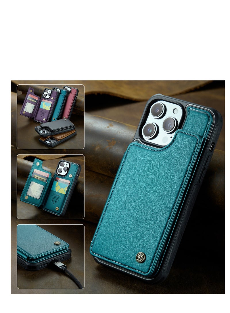 CaseMe Wallet Case for Apple iPhone 15 Pro Max, Premium Handmade Durable PU Leather Slim Shockproof Case with [Double Magnetic Clasp] [Card Holder] [Kickstand] [RFID Blocking] (Green) - Image 2