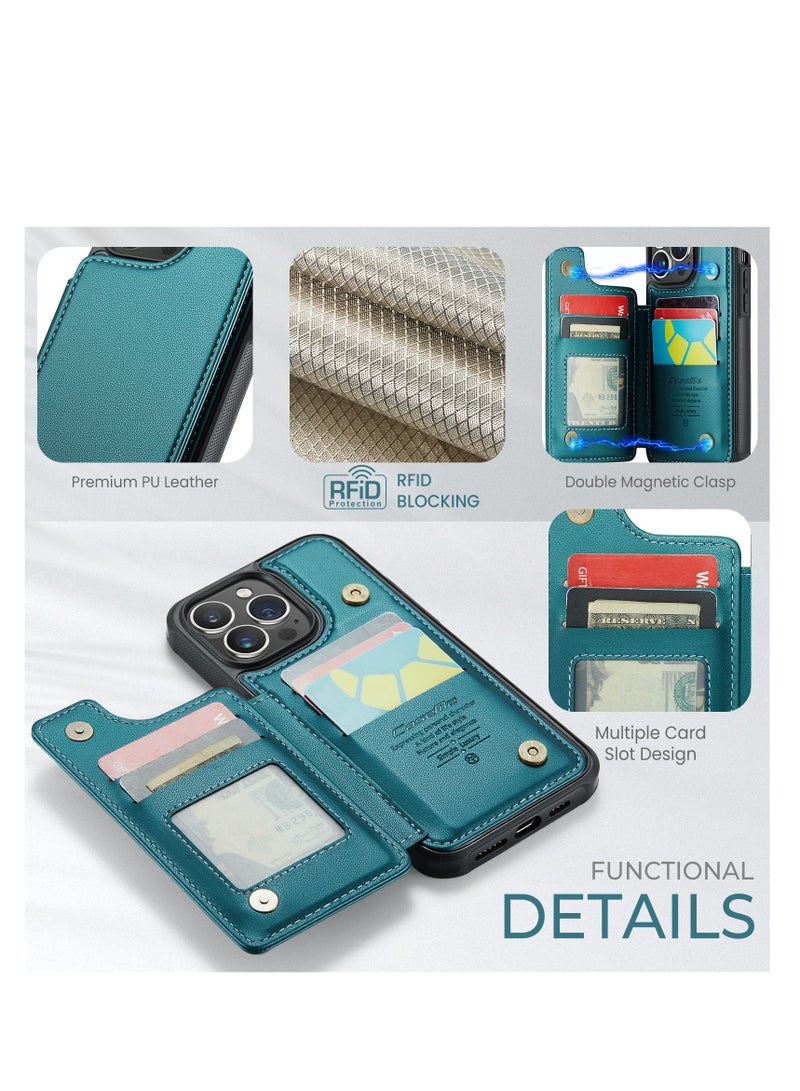 CaseMe Wallet Case for Apple iPhone 15 Pro Max, Premium Handmade Durable PU Leather Slim Shockproof Case with [Double Magnetic Clasp] [Card Holder] [Kickstand] [RFID Blocking] (Green) - Image 3