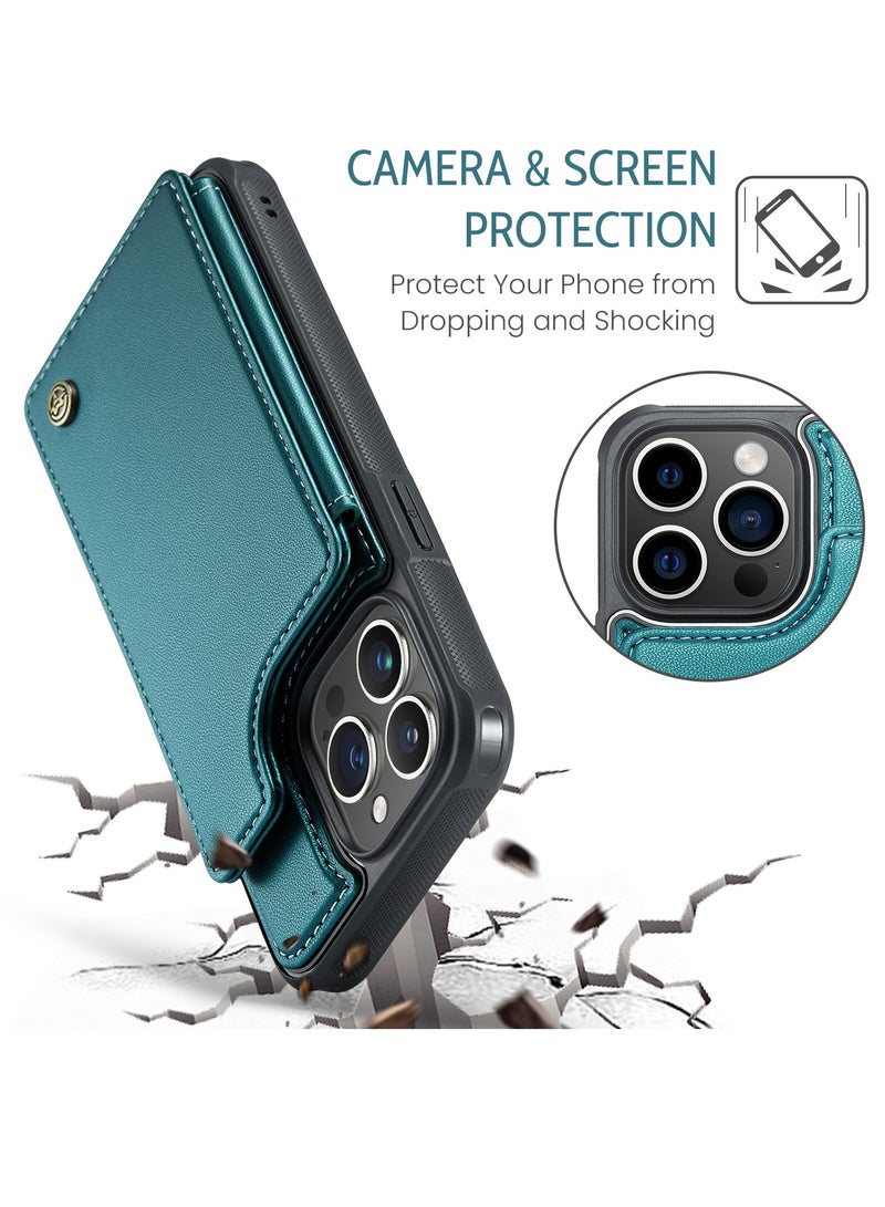 CaseMe Wallet Case for Apple iPhone 15 Pro Max, Premium Handmade Durable PU Leather Slim Shockproof Case with [Double Magnetic Clasp] [Card Holder] [Kickstand] [RFID Blocking] (Green) - Image 4