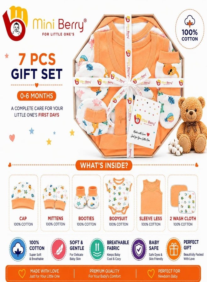 Mini Berry Newborn Baby Gift Set, Cotton, Blue Printed, Cap, Mittens & Booties, Unisex (Orange) - Image 2