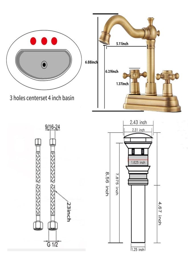 GGStudy Bathroom Faucet Antique Brass GGStudy 2 Handles 4 Inches Centerset Bathroom Vanity with Drain Assembly and Supply Hose Lavatory Faucet Mixer Double Handle Tap - Image 2