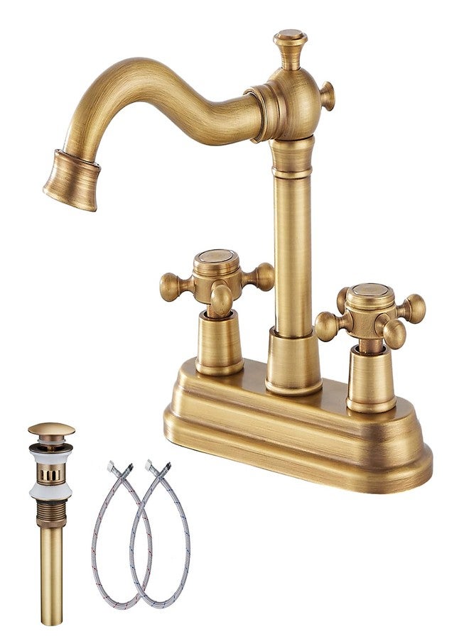 GGStudy Bathroom Faucet Antique Brass GGStudy 2 Handles 4 Inches Centerset Bathroom Vanity with Drain Assembly and Supply Hose Lavatory Faucet Mixer Double Handle Tap - Image 1