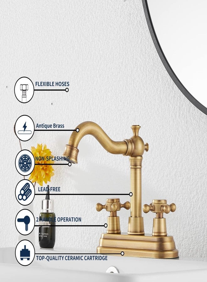 GGStudy Bathroom Faucet Antique Brass GGStudy 2 Handles 4 Inches Centerset Bathroom Vanity with Drain Assembly and Supply Hose Lavatory Faucet Mixer Double Handle Tap - Image 5